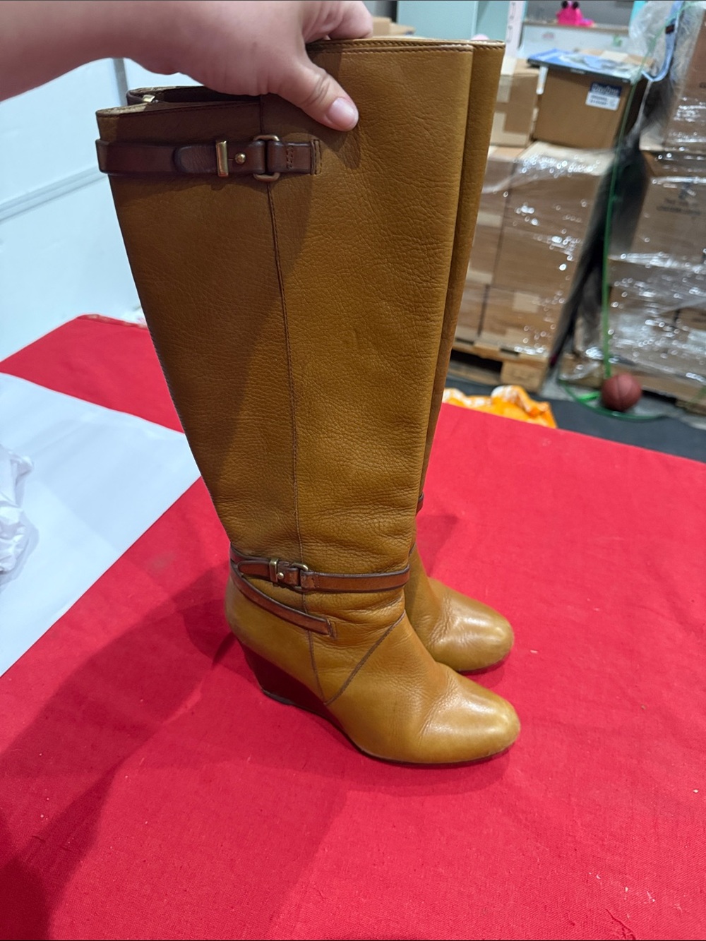 Coach Tan Leather Wedge Boots with Brown Strap Accents - Picture 3 of 6